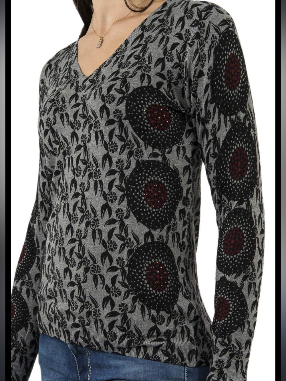Desigual Gray and Black Floral V-Neck Sweater with Red Accents